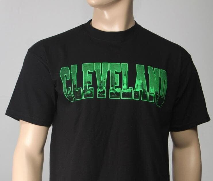 Green Ink CLEVELAND text with skyline inside it